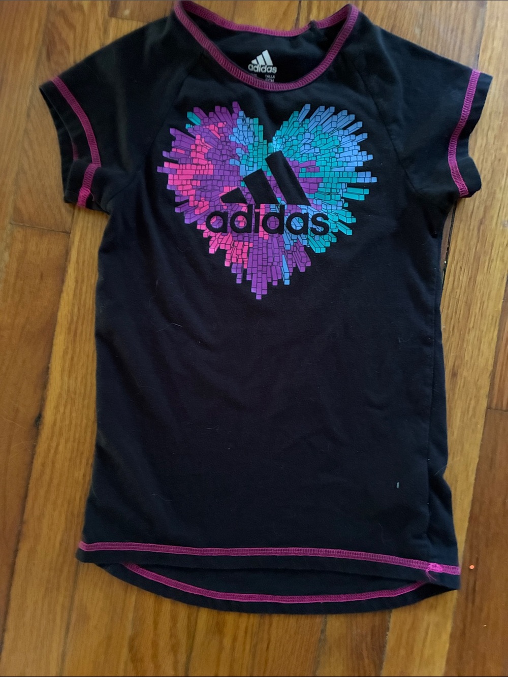 adidas Black Short-Sleeve Tee with Pink & Teal Heart Graphic size XS